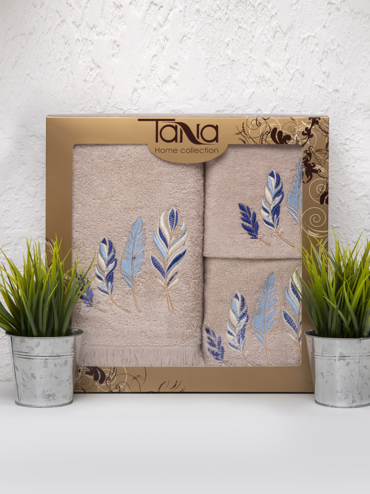 Набор полотенец ПЕРЫШКИ бежевый с бахромой из 3-х